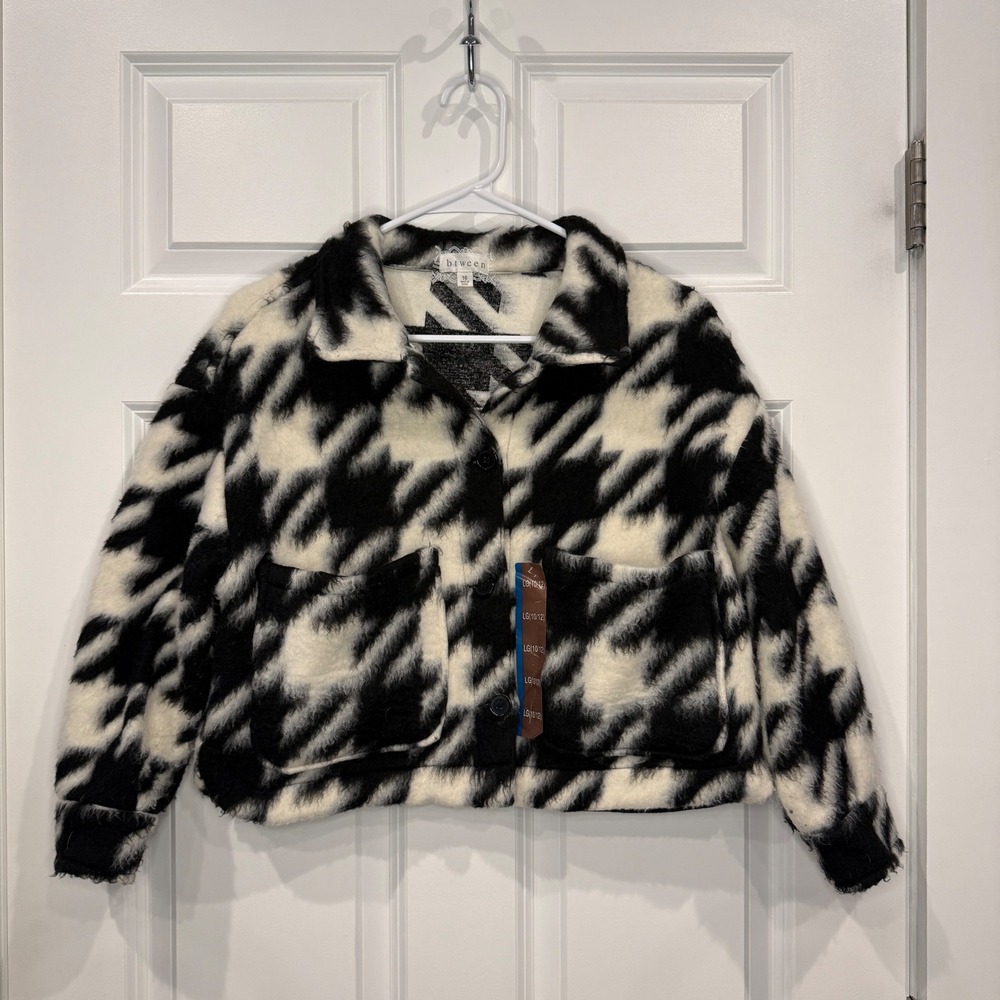 Btween‎ Girls Black White Houndstooth Fuzzy Shacket Jacket Size 10 LG 10/12